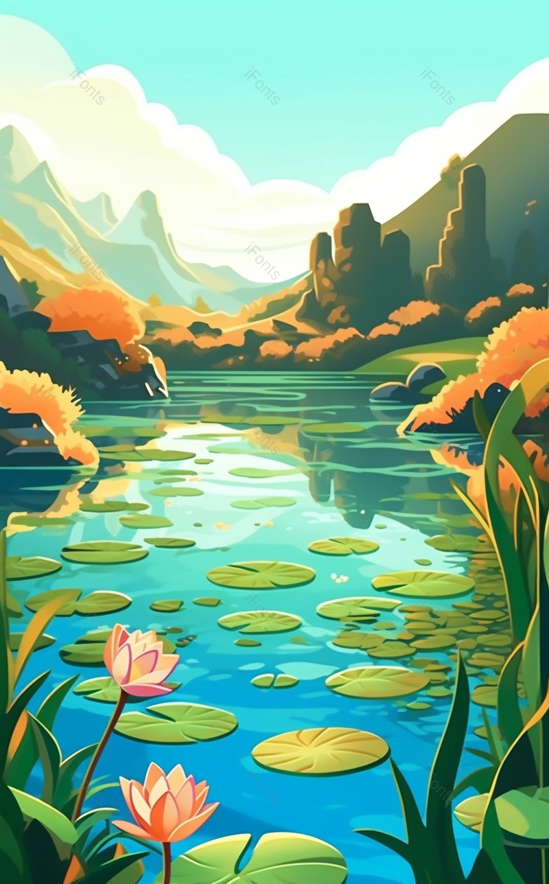 夏天乡下的池塘荷花运出大山风景手绘插画,插画/手绘图,插画/手绘图库,插画/手绘图下载,插画/手绘